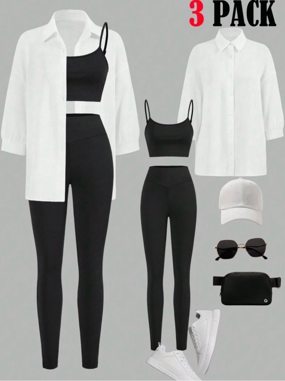 Black Activewear Set with White Button-Up Shirt - 3 Pack Ensemble